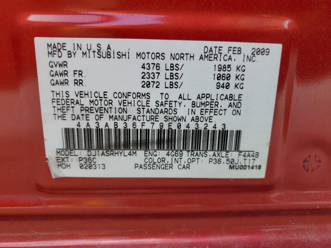 4A3AB36F79E043243 2009 Mitsubishi Galant Es