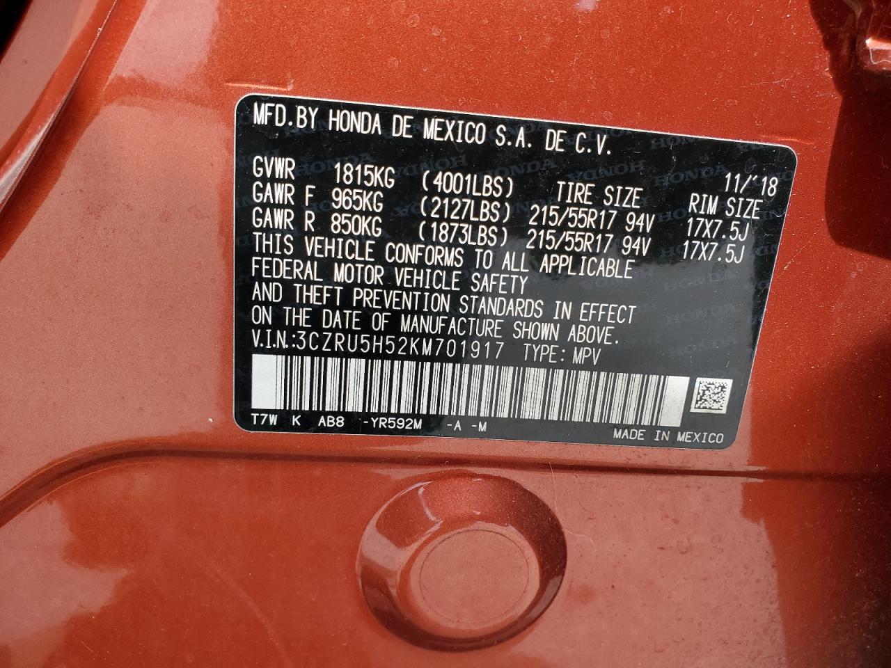 3CZRU5H52KM701917 2019 Honda Hr-V Ex