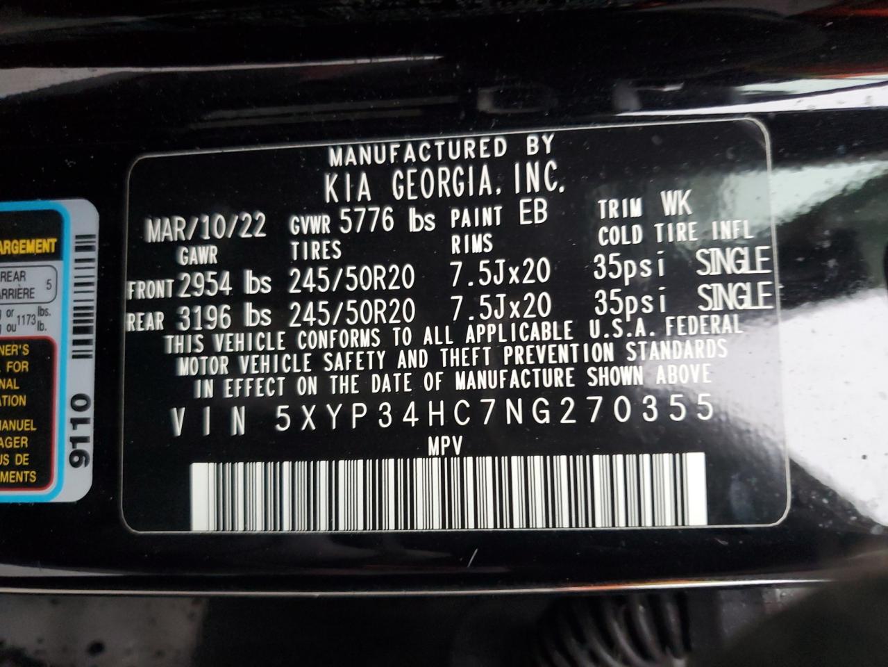 5XYP34HC7NG270355 2022 Kia Telluride Ex