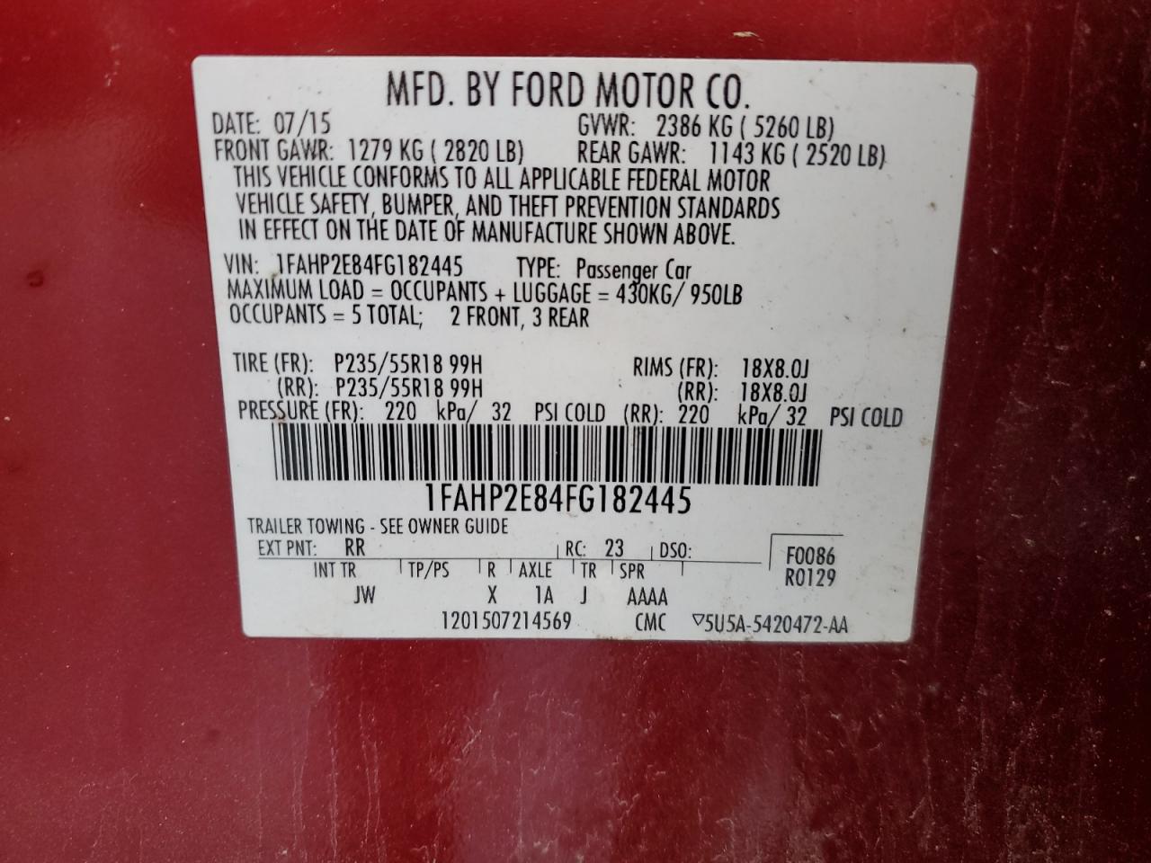 2015 Ford Taurus Sel vin: 1FAHP2E84FG182445
