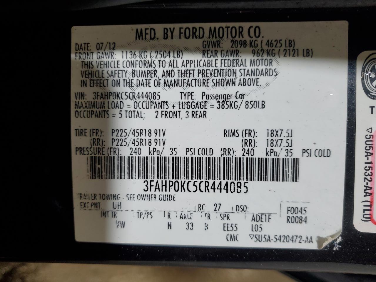 3FAHP0KC5CR444085 2012 Ford Fusion Sport