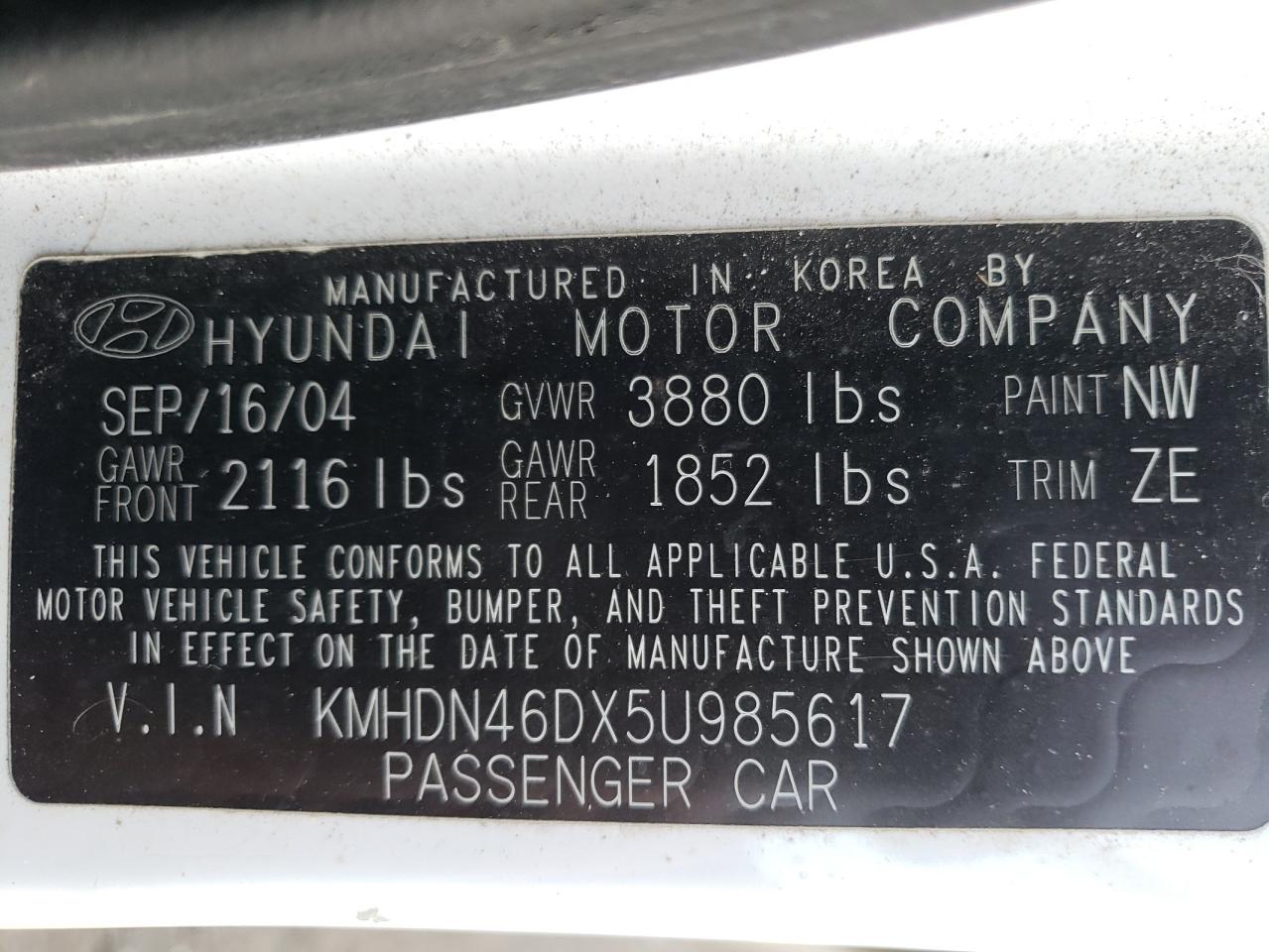 KMHDN46DX5U985617 2005 Hyundai Elantra Gls