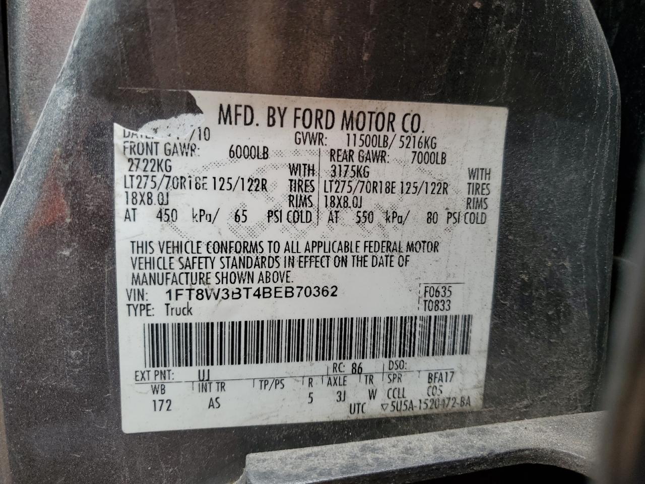 1FT8W3BT4BEB70362 2011 Ford F350 Super Duty