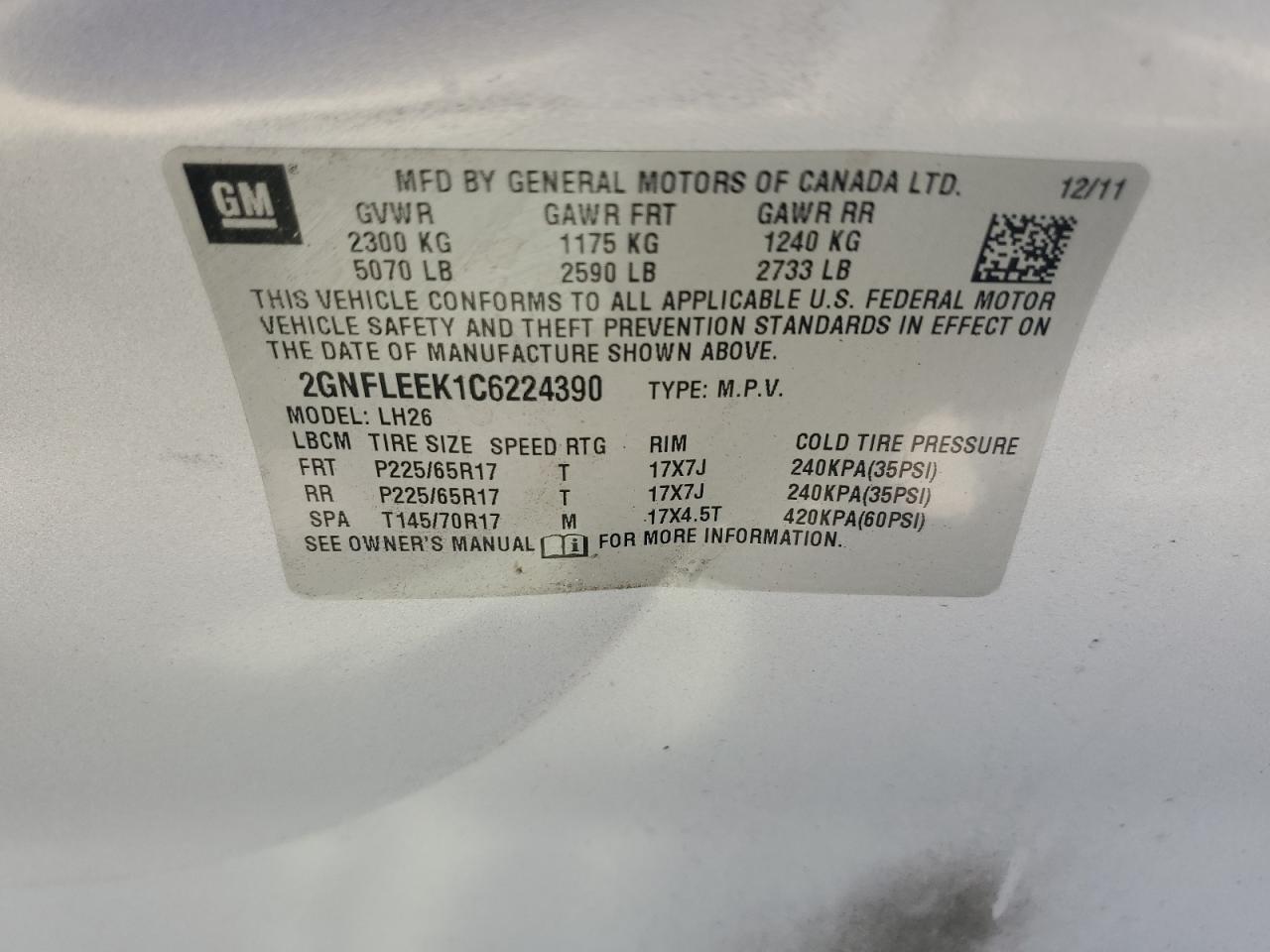 2GNFLEEK1C6224390 2012 Chevrolet Equinox Lt