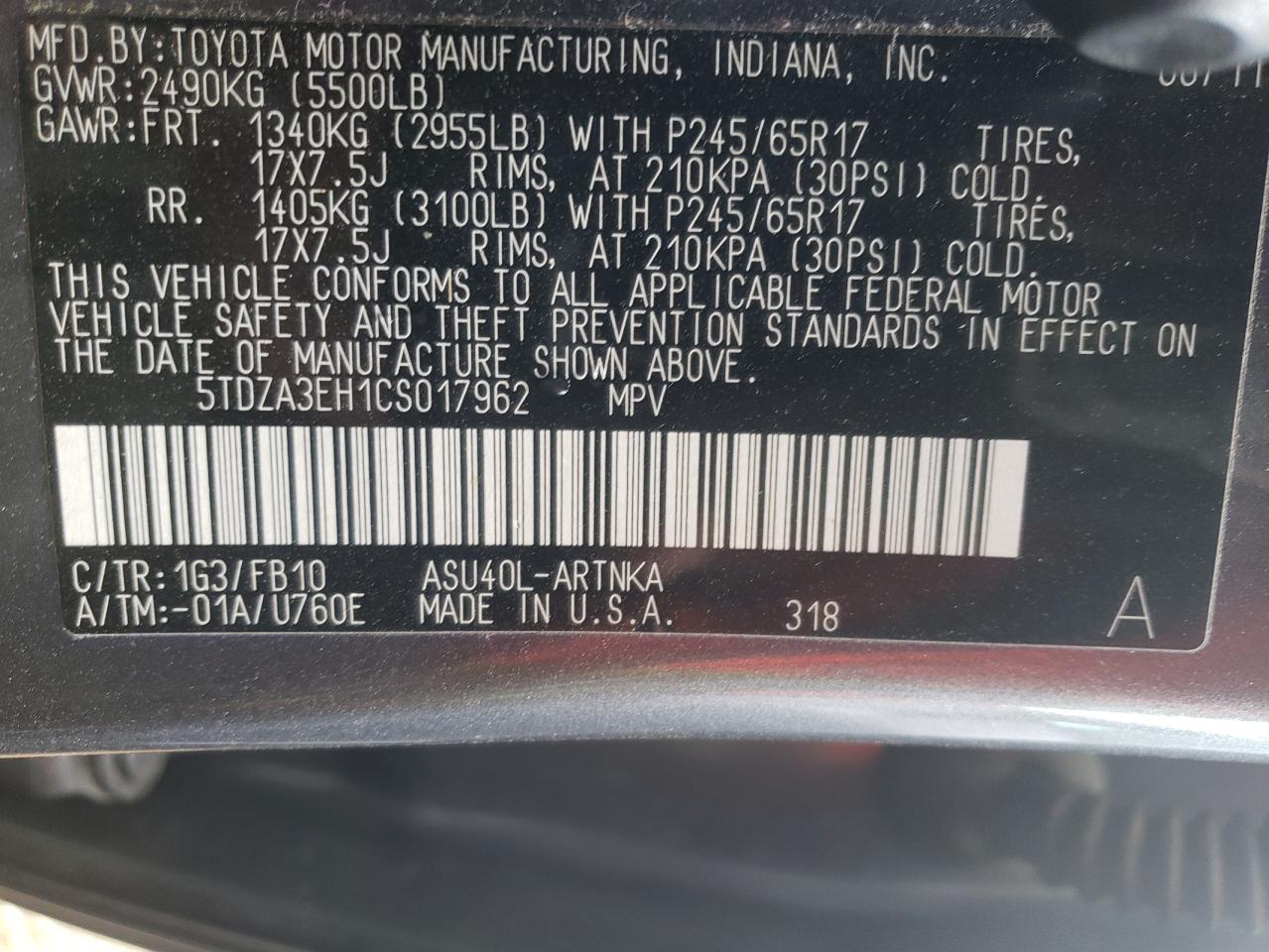 5TDZA3EH1CS017962 2012 Toyota Highlander Base