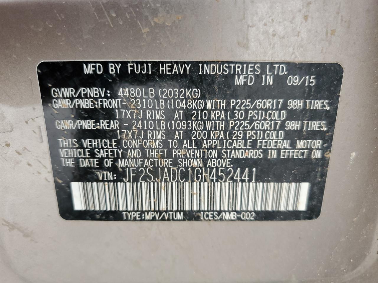 JF2SJADC1GH452441 2016 Subaru Forester 2.5I Premium