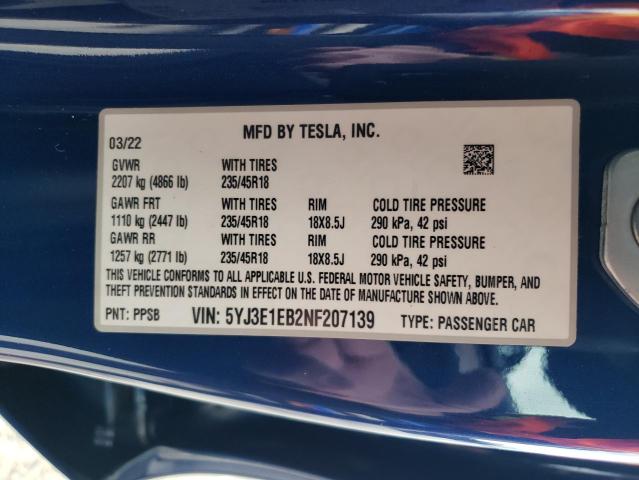 2022 Tesla Model 3 VIN: 5YJ3E1EB2NF207139 Lot: 50072214