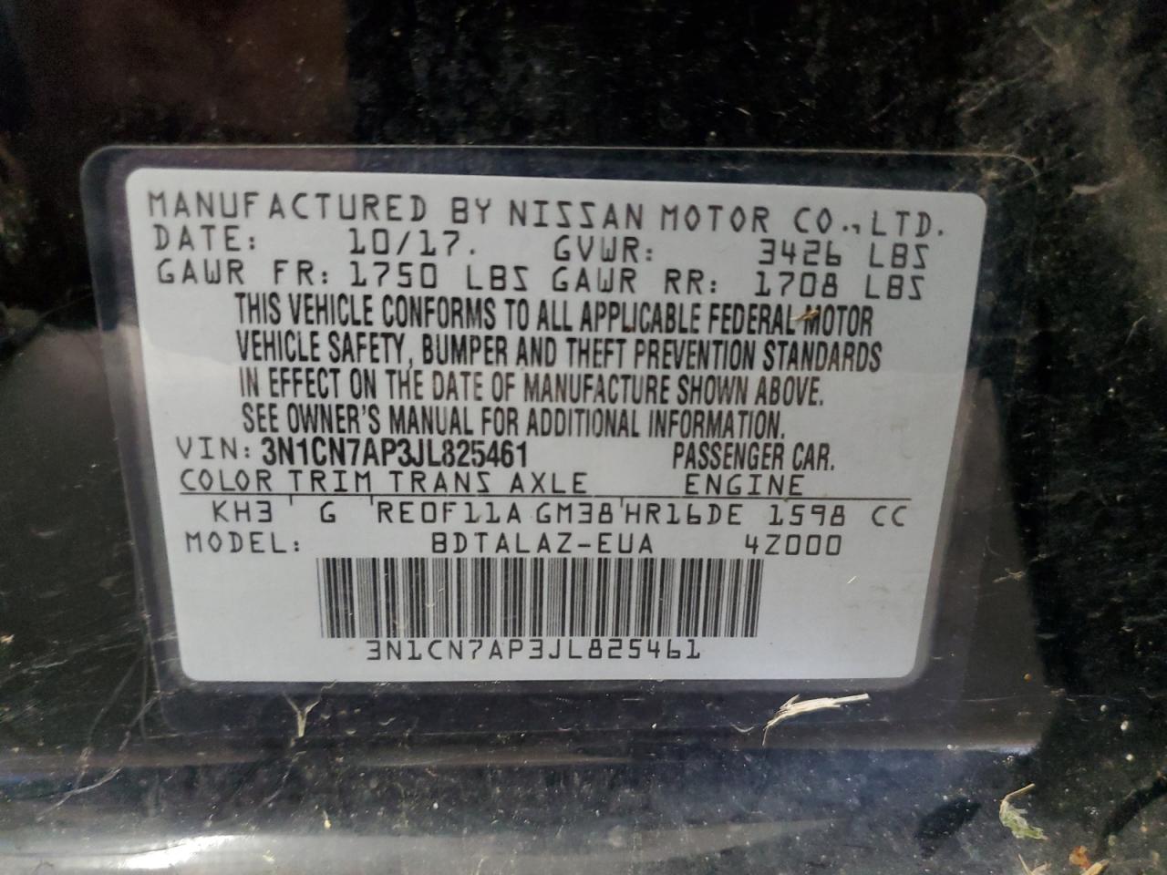 3N1CN7AP3JL825461 2018 Nissan Versa S