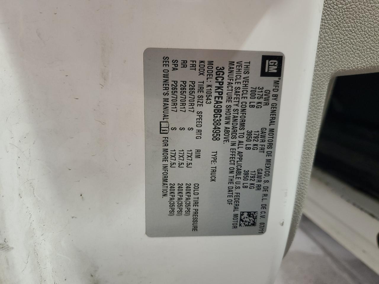 3GCPKPEA9BG384958 2011 Chevrolet Silverado K1500