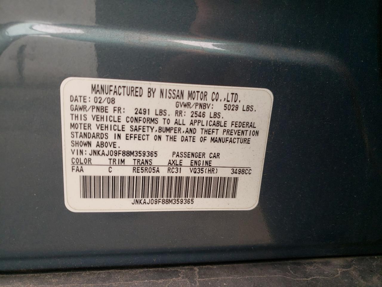 JNKAJ09F88M359365 2008 Infiniti Ex35 Base