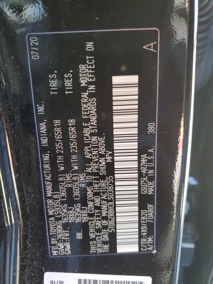 5TDGZRBH3LS038755 2020 Toyota Highlander Xle