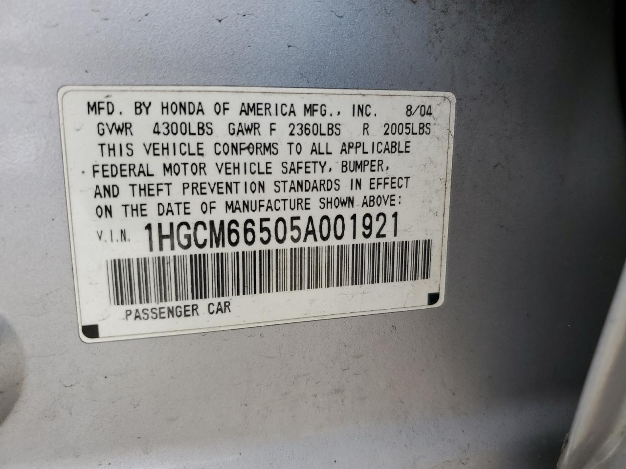 1HGCM66505A001921 2005 Honda Accord Ex