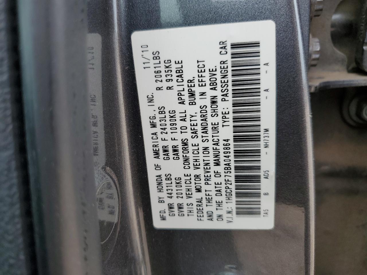 1HGCP2F75BA049864 2011 Honda Accord Ex