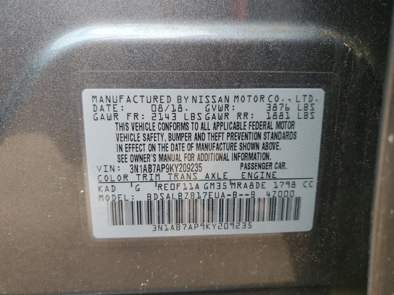 3N1AB7AP9KY209235 2019 Nissan Sentra S