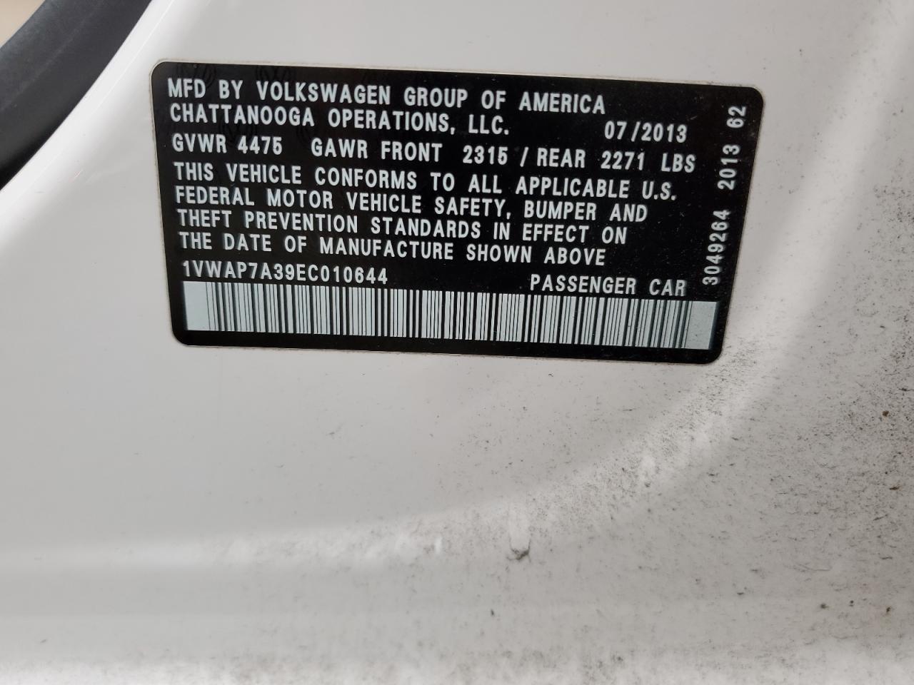 1VWAP7A39EC010644 2014 Volkswagen Passat S