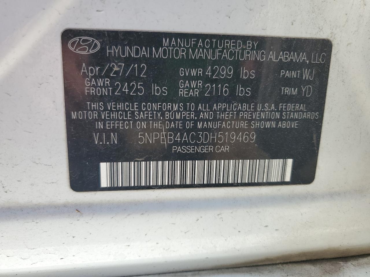 5NPEB4AC3DH519469 2013 Hyundai Sonata Gls