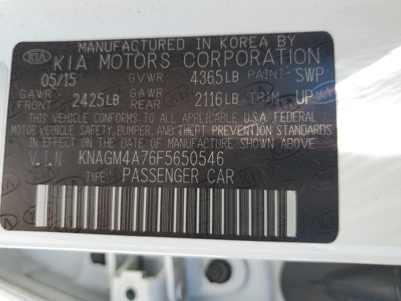 KNAGM4A76F5650546 2015 Kia Optima Lx