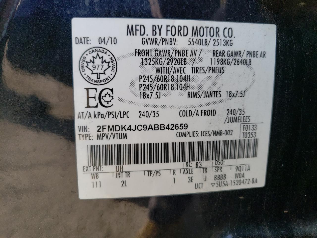 2FMDK4JC9ABB42659 2010 Ford Edge Sel