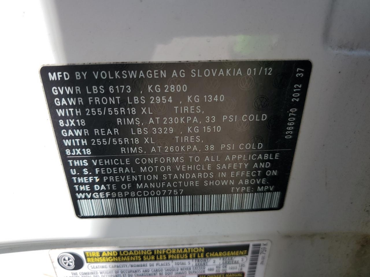 WVGEF9BP8CD007757 2012 Volkswagen Touareg V6