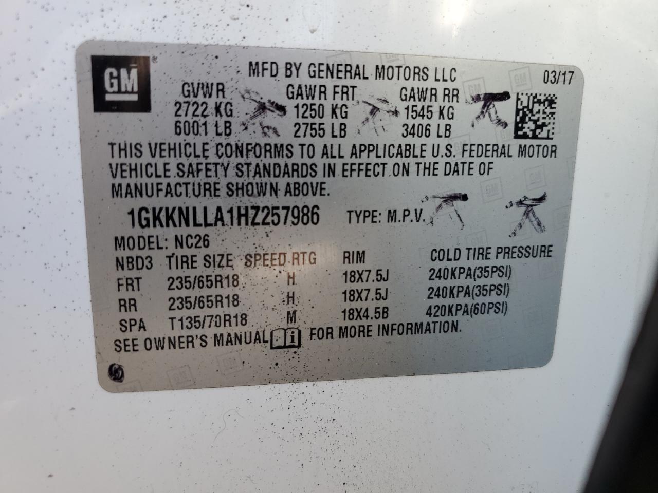 1GKKNLLA1HZ257986 2017 GMC Acadia Sle