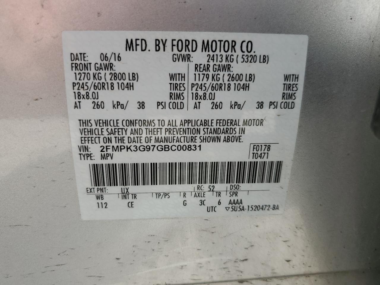 2FMPK3G97GBC00831 2016 Ford Edge Se