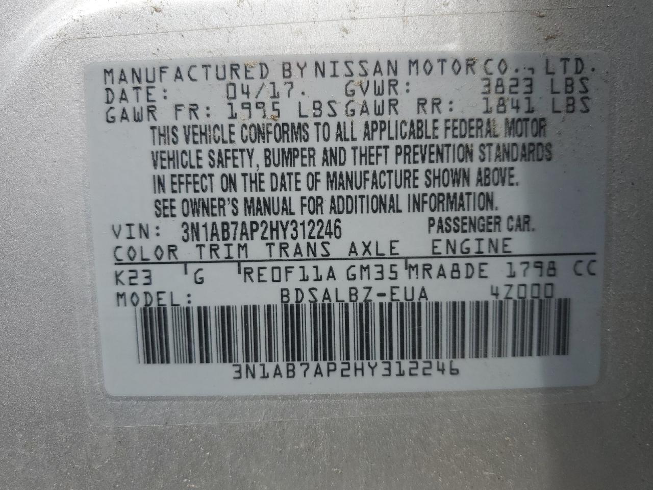 3N1AB7AP2HY312246 2017 Nissan Sentra S