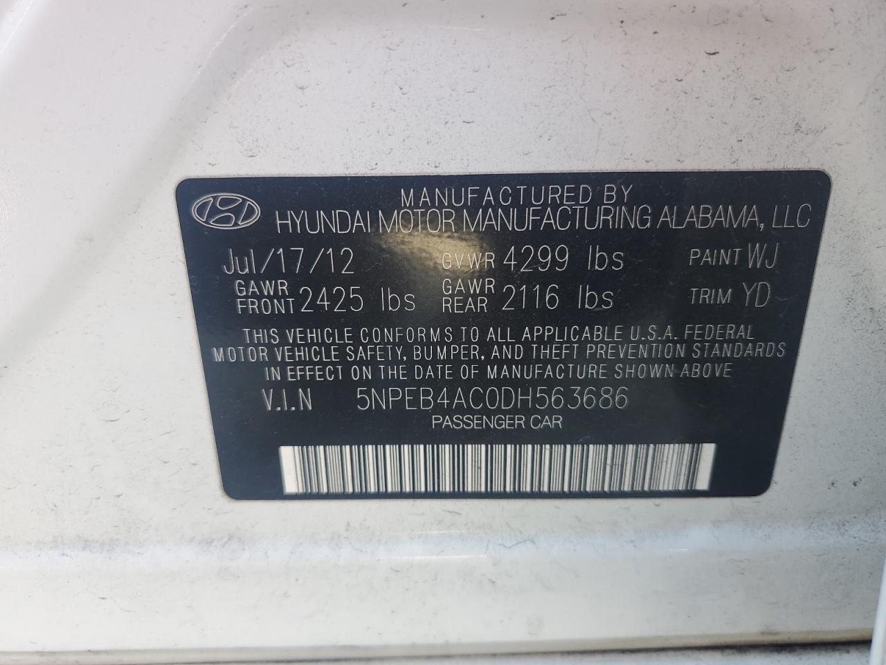 5NPEB4AC0DH563686 2013 Hyundai Sonata Gls