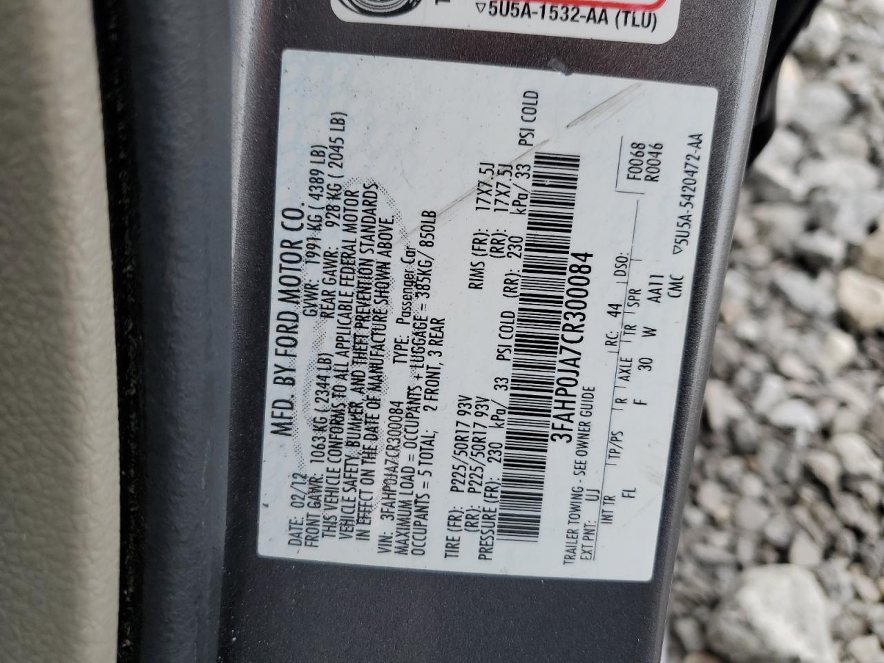 3FAHP0JA7CR300084 2012 Ford Fusion Sel