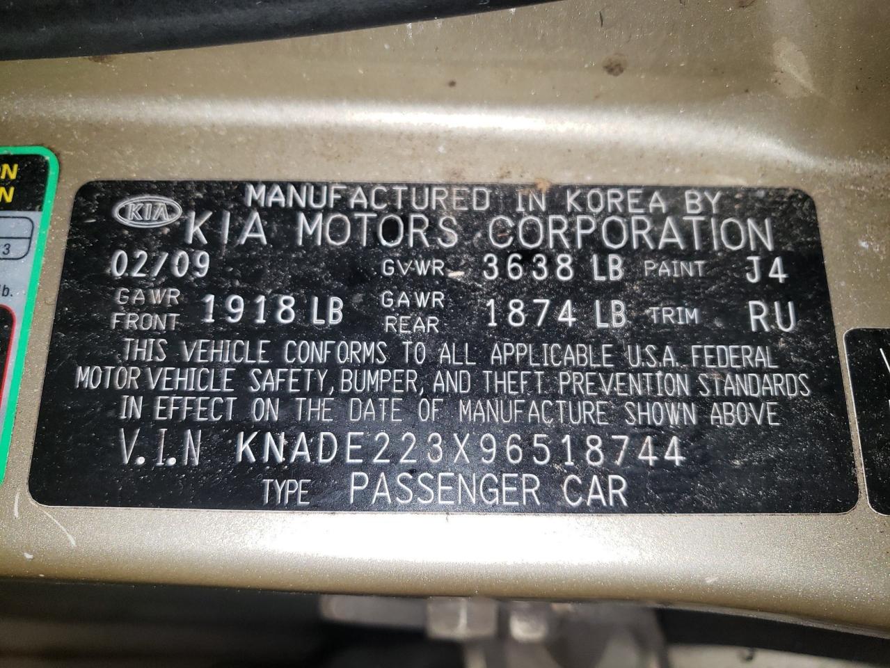 KNADE223X96518744 2009 Kia Rio Base