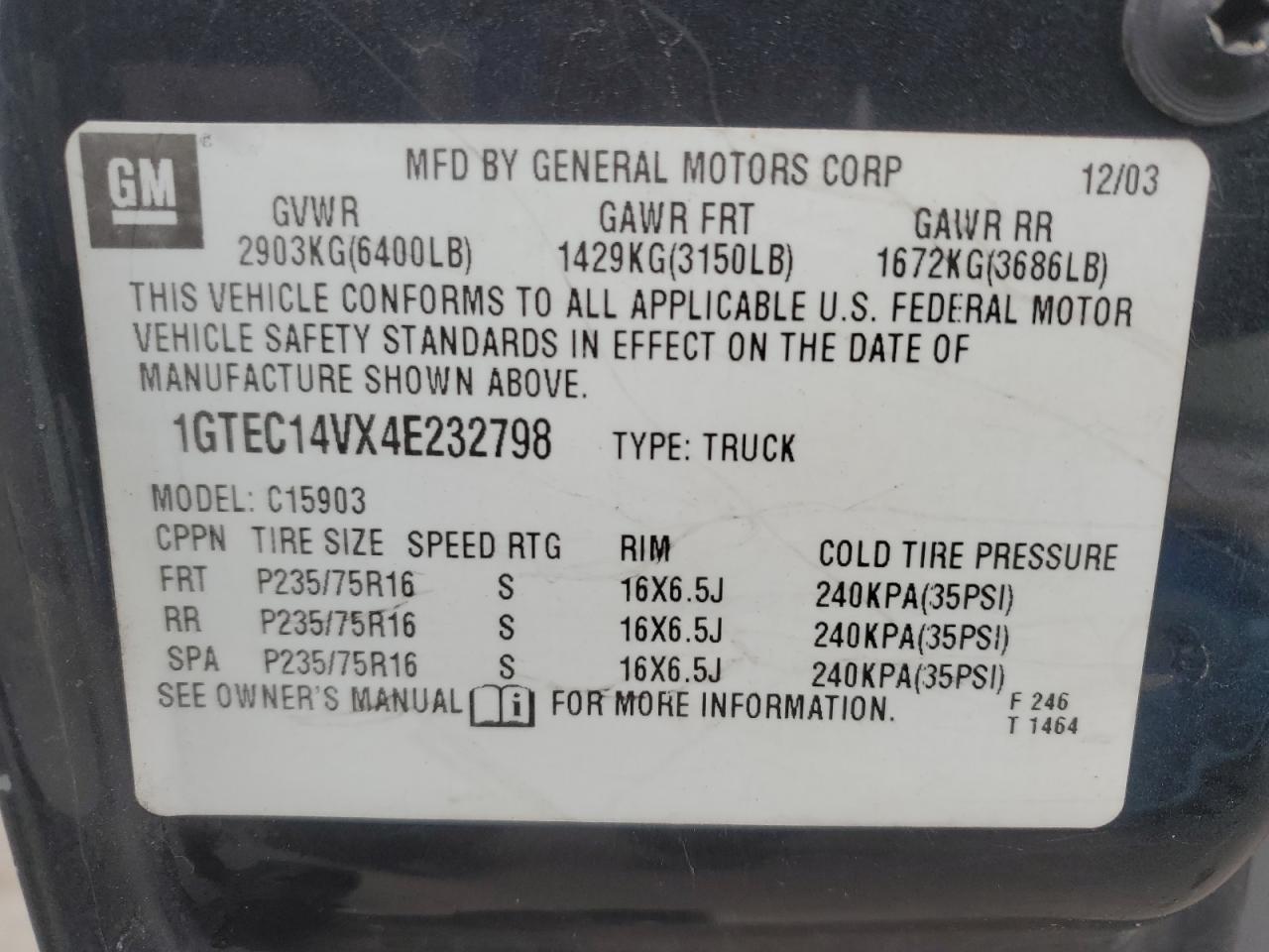 1GTEC14VX4E232798 2004 GMC New Sierra C1500