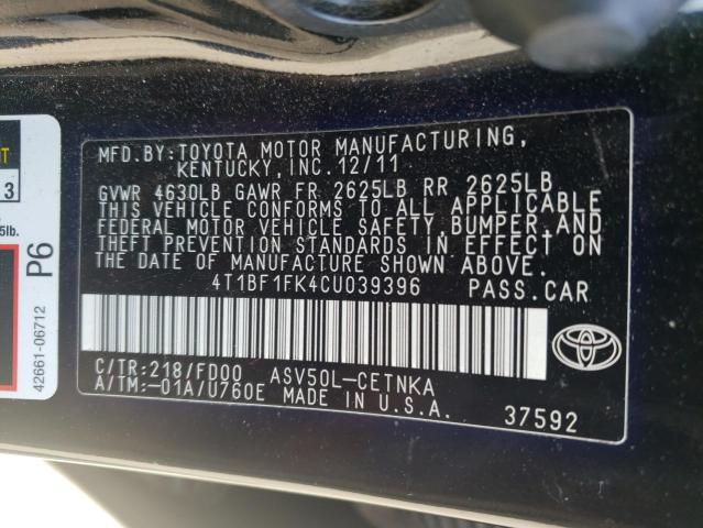 2012 Toyota Camry Base VIN: 4T1BF1FK4CU039396 Lot: 50962474