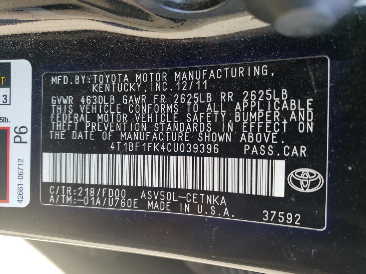 4T1BF1FK4CU039396 2012 Toyota Camry Base