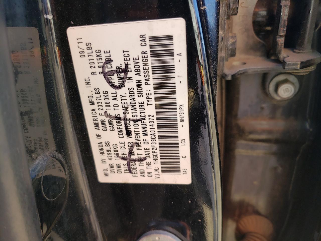 1HGCP2F39CA014372 2012 Honda Accord Lx