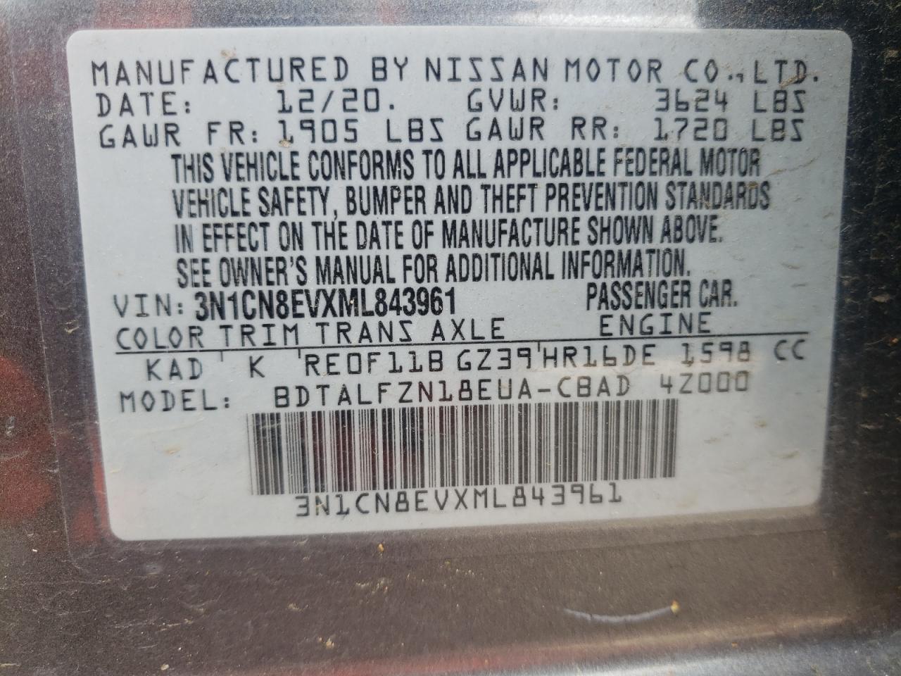 2021 Nissan Versa Sv vin: 3N1CN8EVXML843961