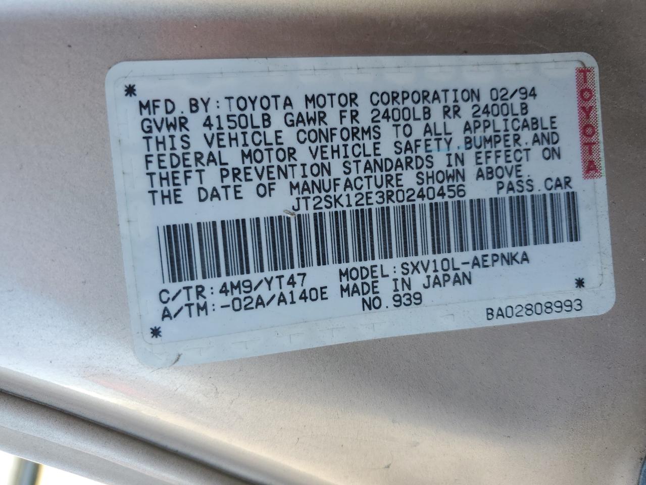 JT2SK12E3R0240456 1994 Toyota Camry Le