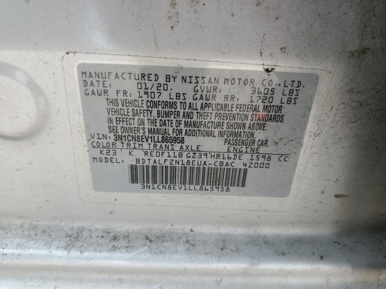 3N1CN8EV1LL865958 2020 Nissan Versa Sv