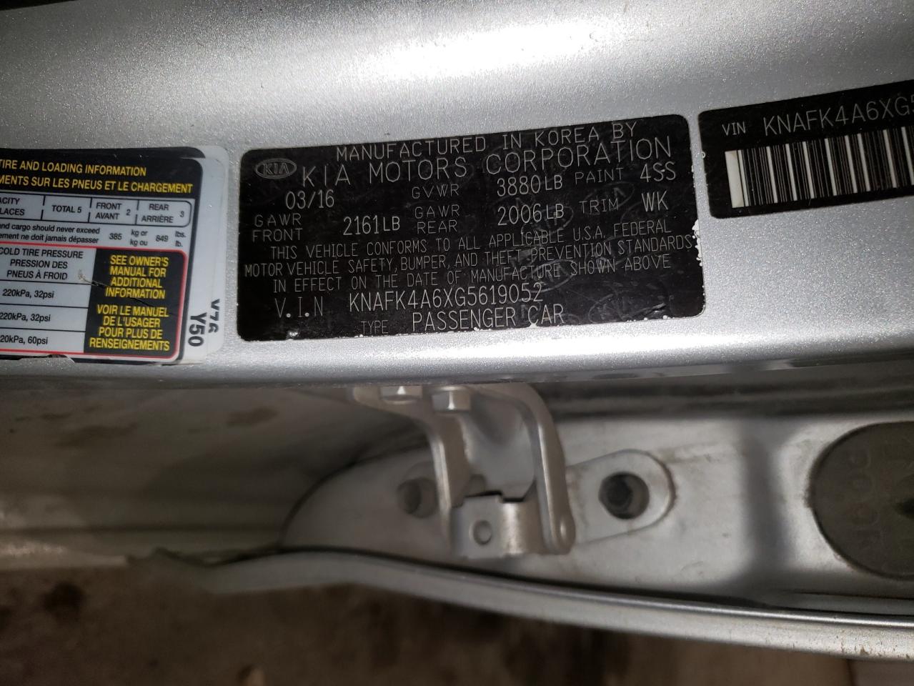 KNAFK4A6XG5619052 2016 Kia Forte Lx