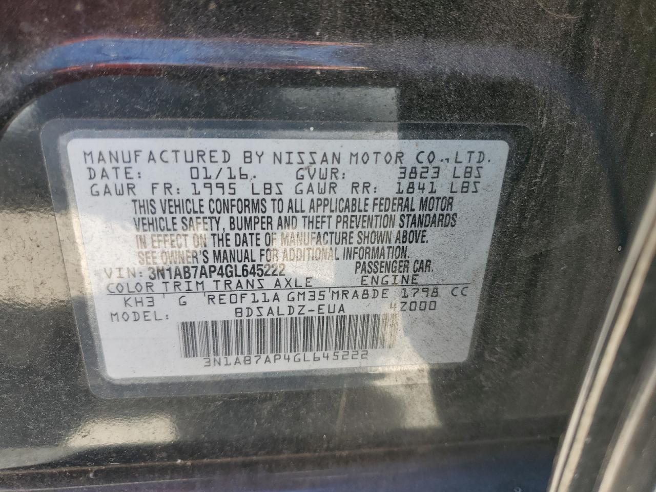 3N1AB7AP4GL645222 2016 Nissan Sentra S