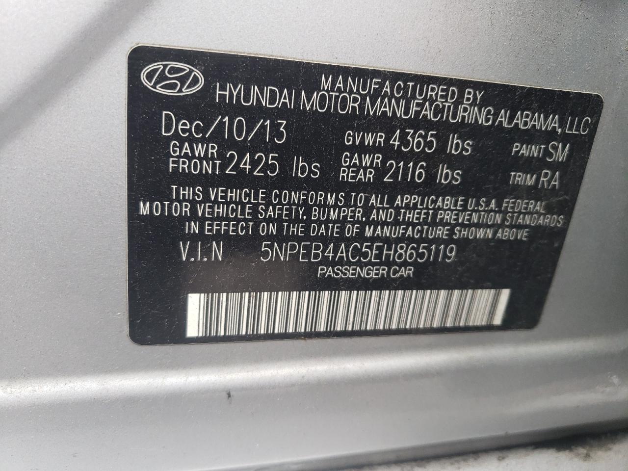 5NPEB4AC5EH865119 2014 Hyundai Sonata Gls