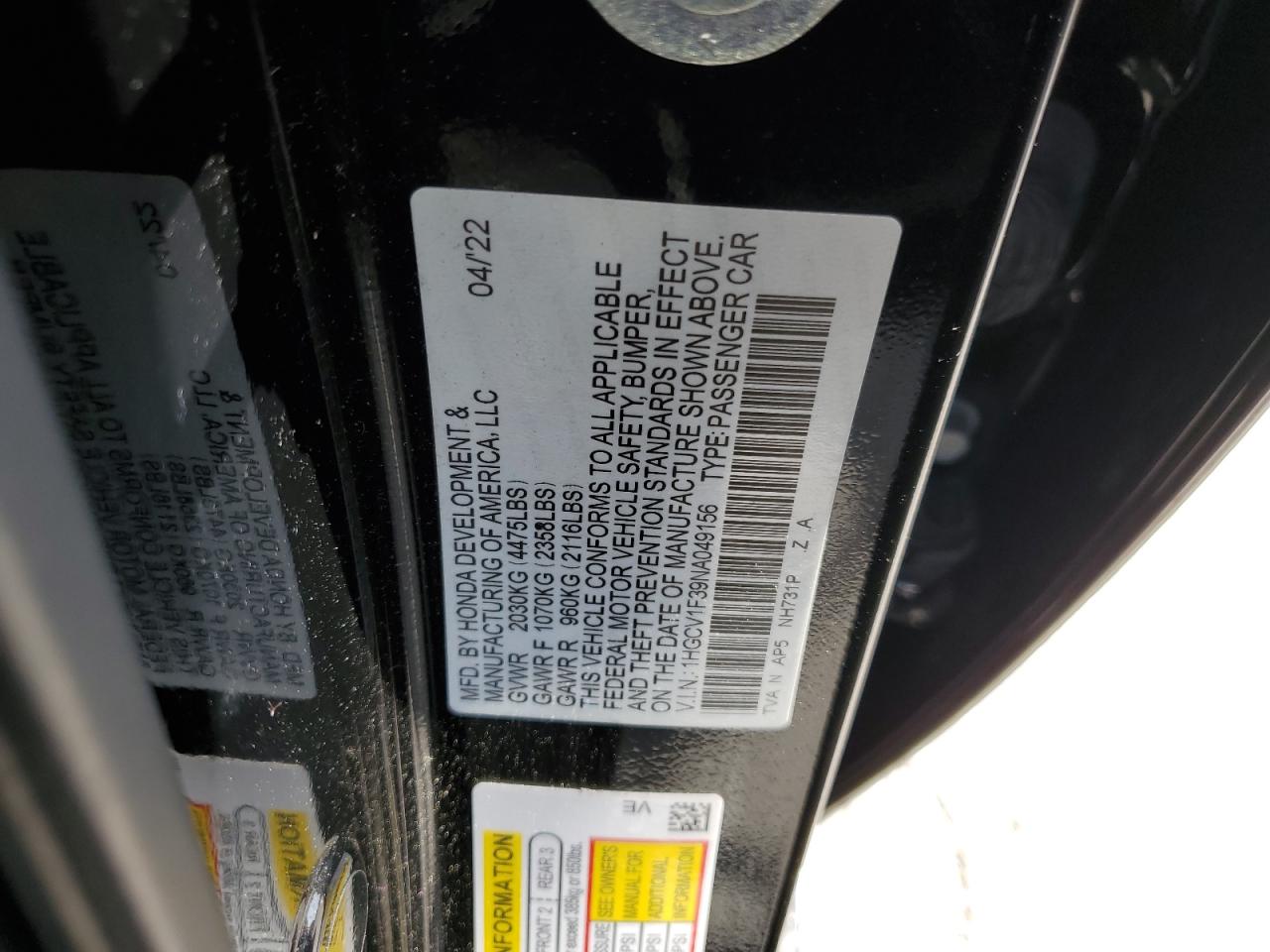 1HGCV1F39NA049156 2022 Honda Accord Sport