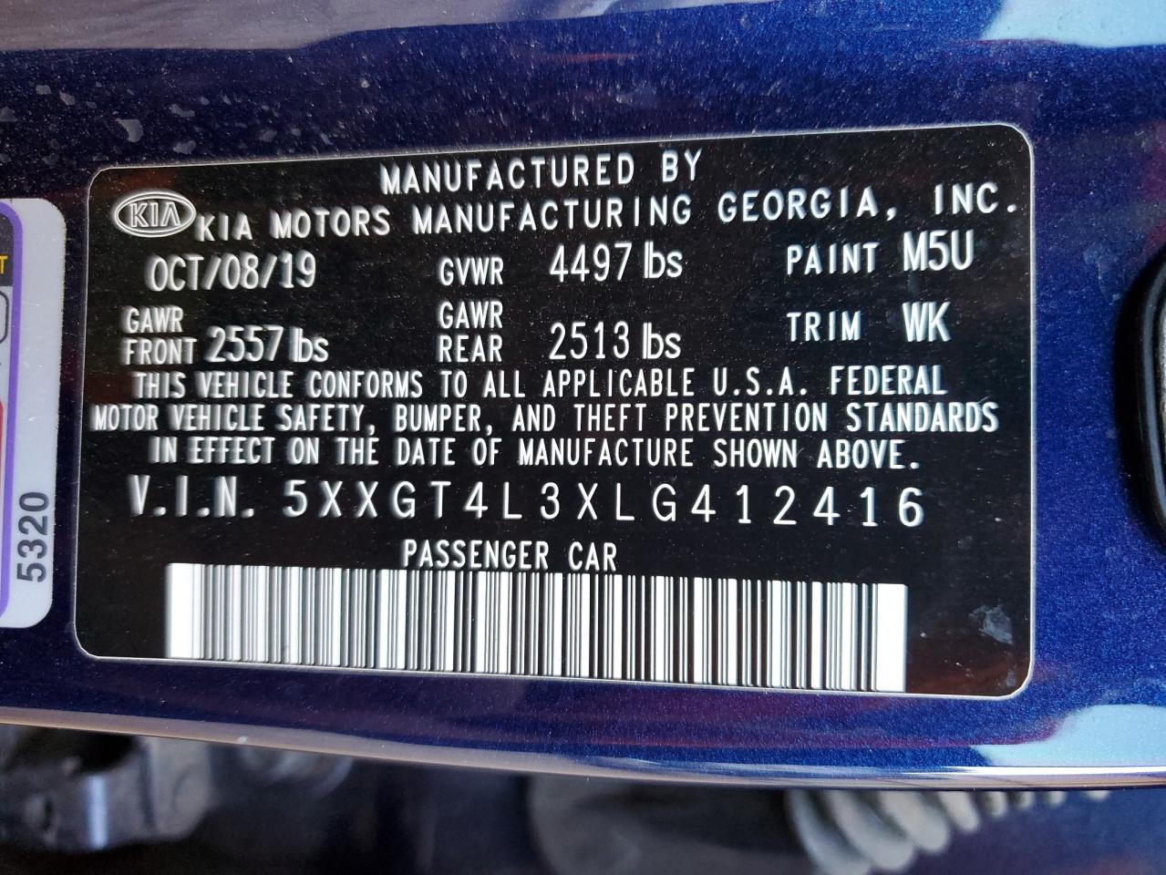 5XXGT4L3XLG412416 2020 Kia Optima Lx