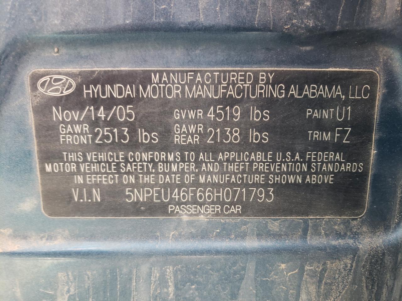 5NPEU46F66H071793 2006 Hyundai Sonata Gls