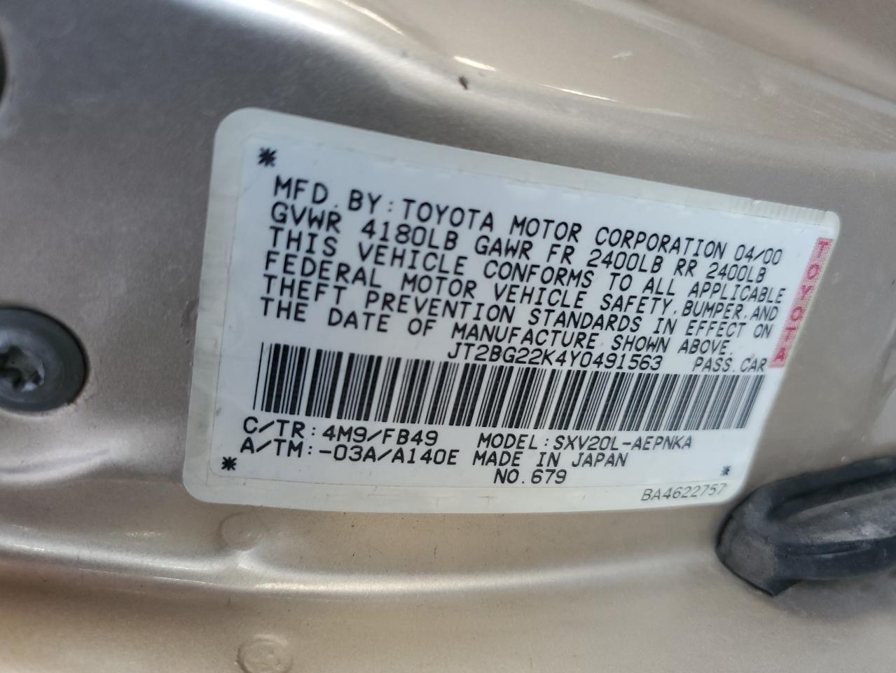 JT2BG22K4Y0491563 2000 Toyota Camry Ce