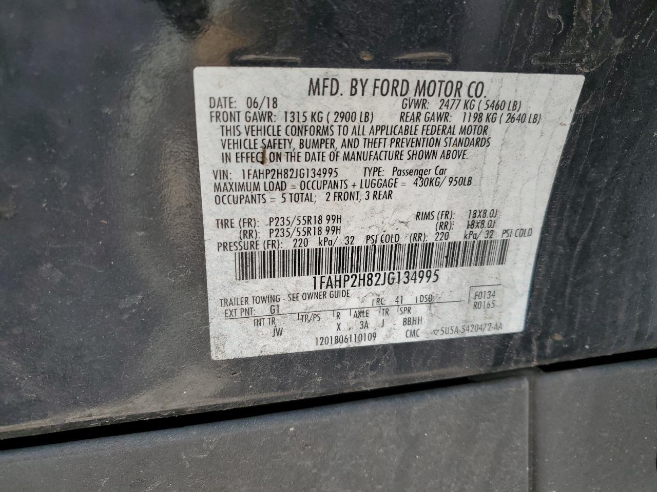 1FAHP2H82JG134995 2018 Ford Taurus Sel