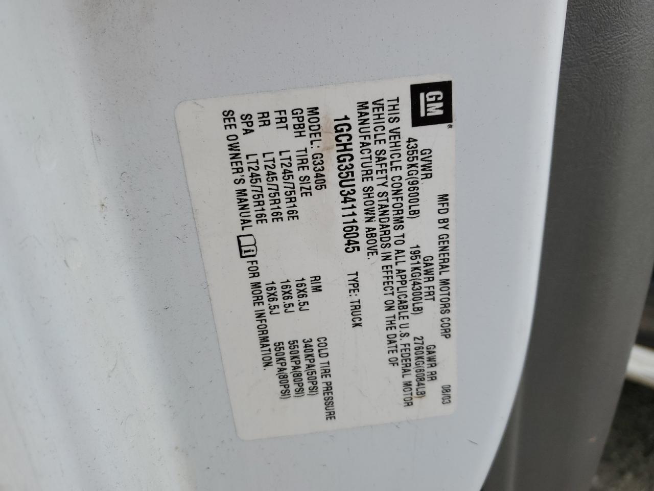 1GCHG35U341116045 2004 Chevrolet Express G3500