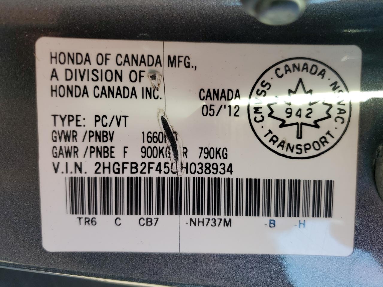 2HGFB2F45CH038934 2012 Honda Civic Lx