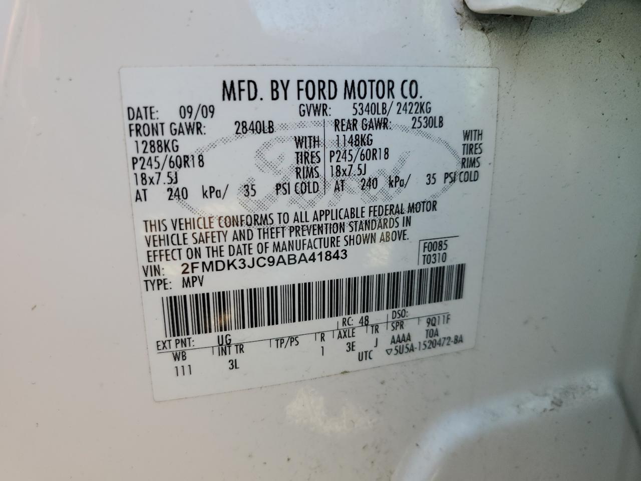 2FMDK3JC9ABA41843 2010 Ford Edge Sel