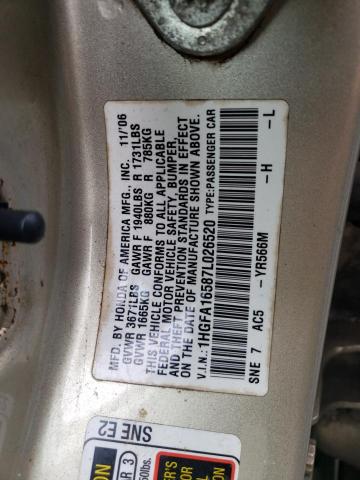 2007 Honda Civic Lx VIN: 1HGFA16587L026520 Lot: 50951404