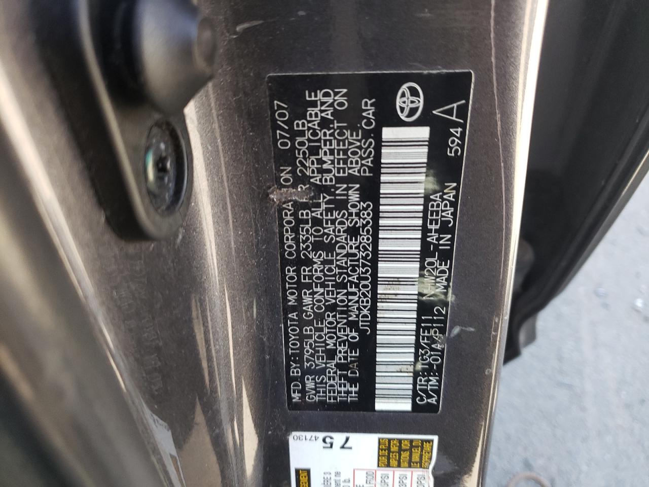 JTDKB20U373285383 2007 Toyota Prius