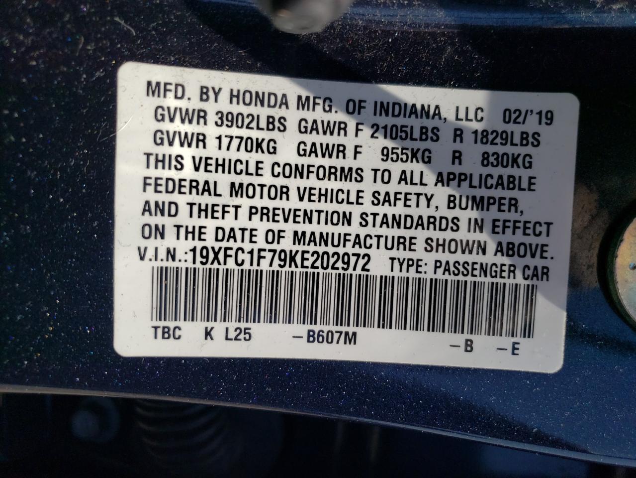 19XFC1F79KE202972 2019 Honda Civic Exl